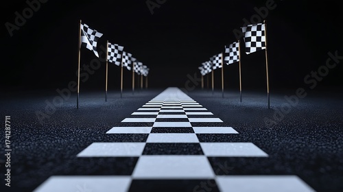 Race track, with view of the finish line and checkered flag