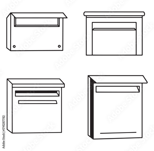 Simple monochrome line drawings illustrating different types and styles of mailboxes and postboxes
