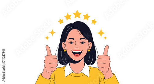 Happy woman gives two thumbs up with shining stars above her head symbolizing success and satisfaction.