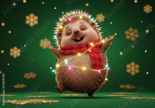 Happy Cartoon Hedgehog with Christmas Lights and Red Scarf Dancing