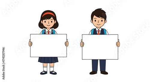Two smiling students holding blank white boards for text or images.