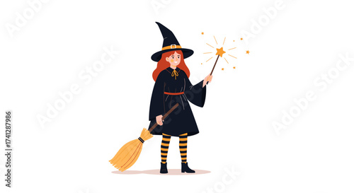 A cheerful cartoon witch holding a broomstick and a magic wand with sparkling stars.