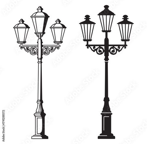 Two decorative vintage street lamps in black and white isolated on a white background