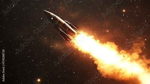 Dynamic rocket launch into the dark, starlit cosmos with a blazing exhaust, embodying technological advancement and humanity's ambitious journey into space and discovery