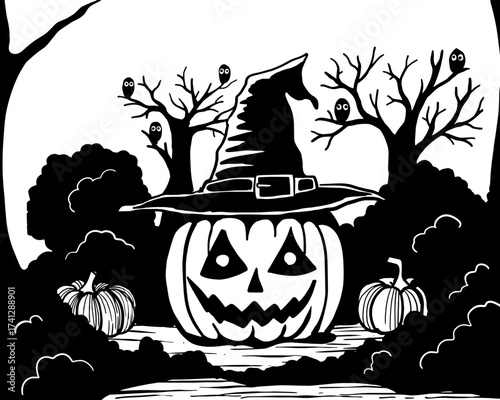 Halloween, scary pumpkin smiling against the background of bushes, trees with owls, black and white drawing