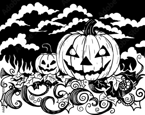Halloween, scary pumpkins smiling against clouds and decorative patterns, black and white drawing