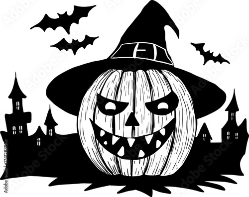 Halloween, scary pumpkin smiles against the backdrop of the city and bats, black and white drawing