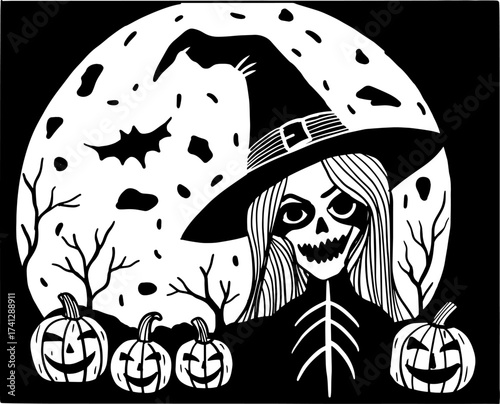 Halloween, the scary witch under the full moon with pumpkins, black and white drawing
