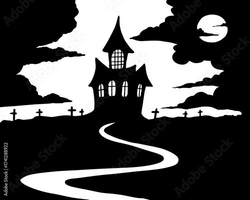 Halloween, vector illustration, a house in the middle of a cemetery at night with a full moon, black and white drawing