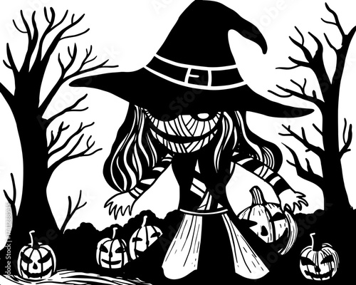 Halloween, zombie witch girl with pumpkins, scary trees, black and white drawing