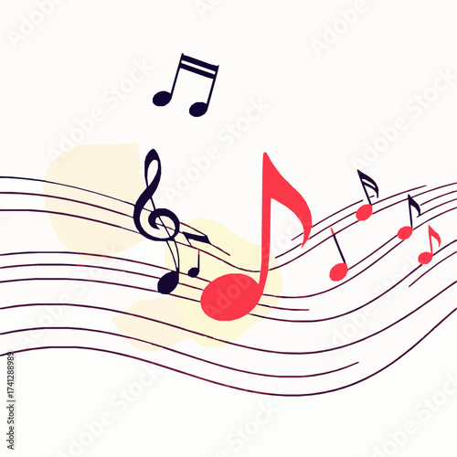 Colorful musical notes and clef on a white background with abstract shapes and wavy staff lines 
