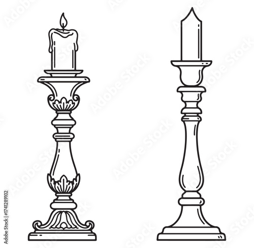 Two elegant vector line art illustrations of antique candle holders with candles lit
