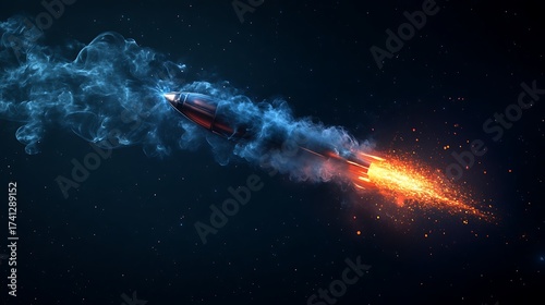 A futuristic rocket speeds through the dark cosmos, leaving fiery trail and glowing blue energy wake, symbolizing advanced propulsion and interstellar exploration