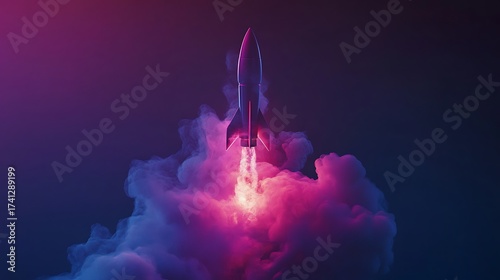 Creative concept of a rocket ship launching into space, representing new business ideas, startup success, and innovation