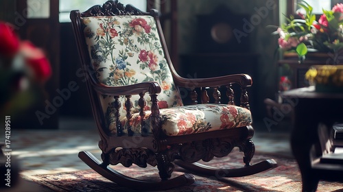 Vintage floral upholstered rocking chair bathed in warm sunlight, evoking comfort and nostalgia