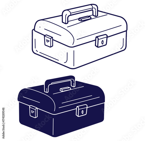 Two minimalist toolbox illustrations in monochrome outline with handle and latches