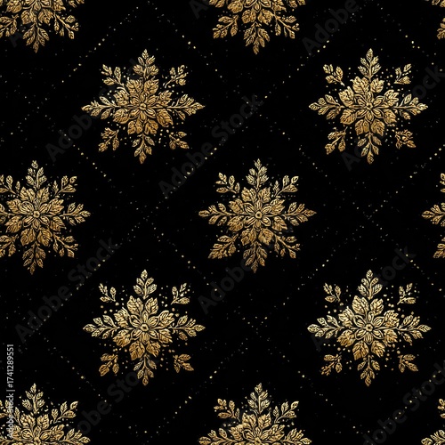 Elegant black fabric with silver snowflake patterns.