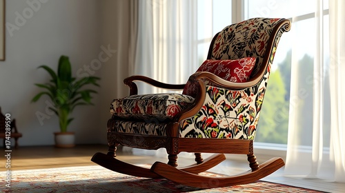 Comfortable and elegantly upholstered rocking chair bathed in natural sunlight, creating a cozy and inviting atmosphere within a peaceful home interior setting, perfect for unwinding