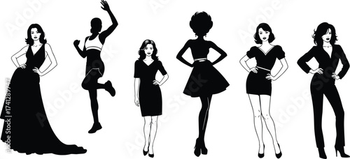 Stylized female silhouette collection showcasing fashion diversity, dynamic poses, and expressive body language for design, animation, and inspiration.