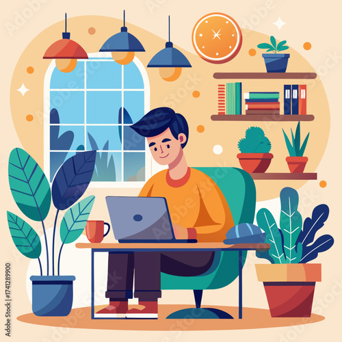 Man working on laptop at desk in cozy room vector illustration for remote work and home office concept flat design