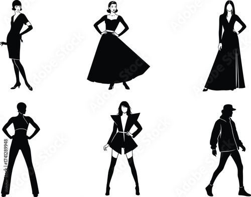Fashion silhouette collection of stylish individuals in varied outfits and poses, showcasing clothing diversity, elegance, and design inspiration.