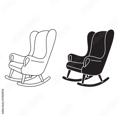 Two vector illustrations of a rocking chair in contrasting black and white color schemes.