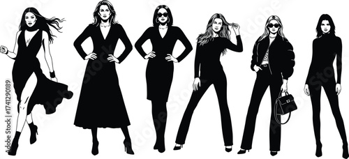 Stylish women in black outfits showcasing diverse fashion styles, poses, and individuality for design, illustration, and fashion inspiration.
