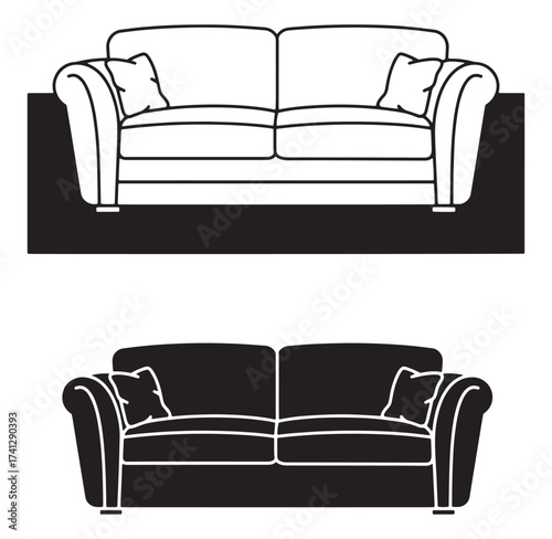 Vector illustration of a black and white sofa with two cushions and pillows