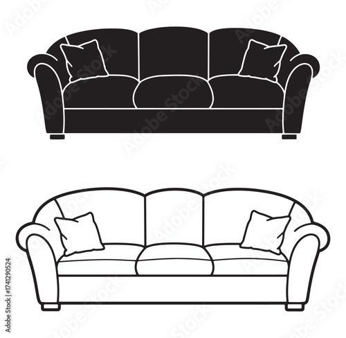 Vector illustration of a comfortable couch design with pillows in black and white outlines