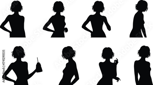 Stylish female silhouette poses with short wavy hair, showcasing expressive gestures and body language for design, animation, and reference.