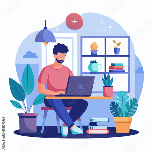Man working on laptop at desk in home office vector illustration for remote work and freelance lifestyle isolated on white background