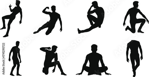 Male silhouette poses for artistic reference, showcasing dynamic gestures, seated and standing postures, ideal for design, animation, and study.