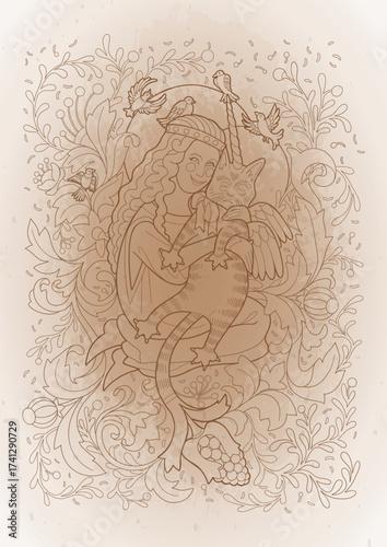 Curly-haired girl hugs her winged cat