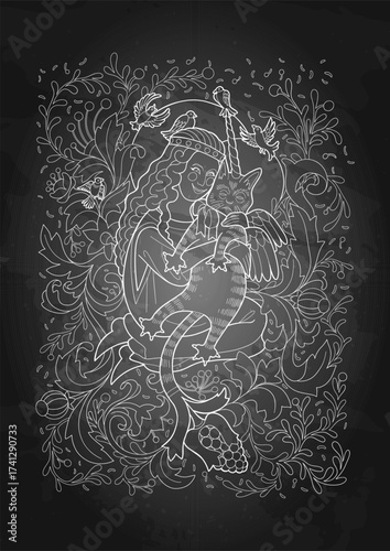 Curly-haired girl hugs her winged cat