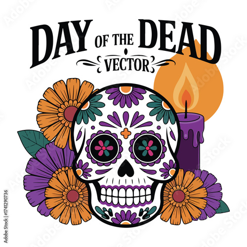 Colorful day of the dead skull with flowers and candle illustration