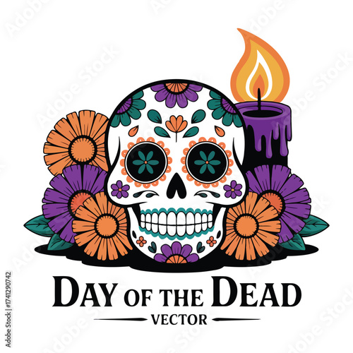 Colorful sugar skull illustration with flowers and a burning candle design