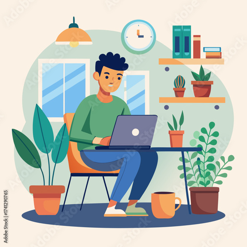 Man working on laptop at home surrounded by plants vector illustration for remote work and lifestyle concepts