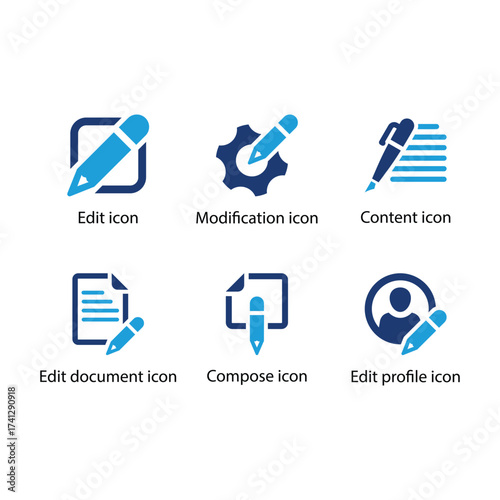 Edit, Modification, Content, Edit document, Compose, Edit profile, Blue Icon Set