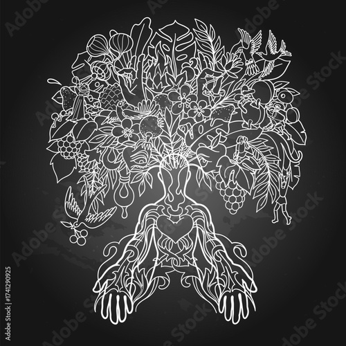 Meditating figure and creative medieval tree