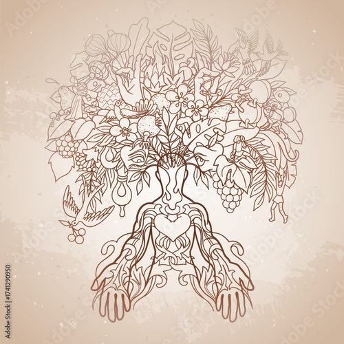 Meditating figure and creative medieval tree