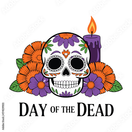 Floral skull illustration with a burning candle for day of the dead