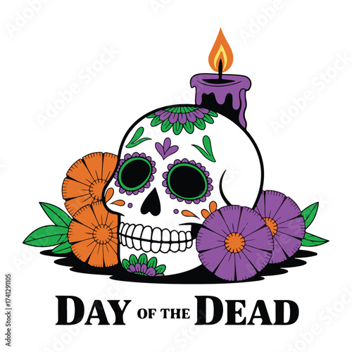 Colorful sugar skull with flowers and glowing candle for day of the dead