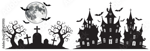 Spooky halloween silhouette of a haunted castle and graveyard under a full moon with flying bats
