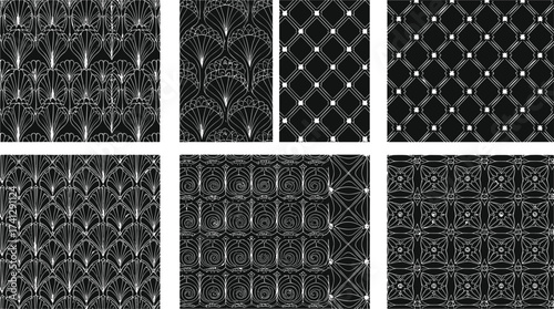 Elegant black and white seamless geometric line art pattern collection, modern abstract vector backgrounds, stylish minimal decorative repeating texture design.