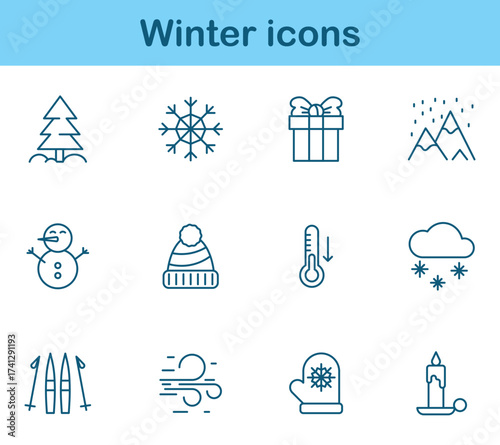 Set of winter icons in line style. Includes snowflake, tree, gift, mountain, snowman, hat, thermometer, cloud, ski, wind, mitten, and candle. Perfect for cold season, holiday, and weather design.