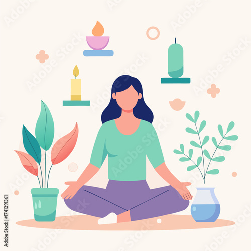 Woman in yoga lotus pose meditating at home surrounded by plants and candles vector illustration for relaxation and wellness