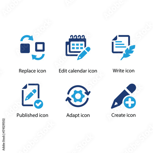 Replace, Edit calendar, Write, Published, Adapt, Create, Blue Icon Set