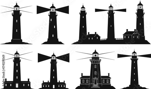 Collection of black and white vector lighthouse illustrations with rotating light beams, maritime navigation towers, coastal safety structures, and historic architecture.