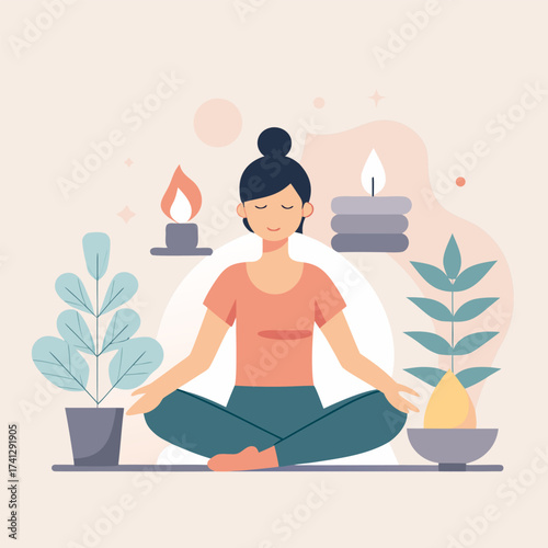 Woman in lotus position meditating surrounded by candles and plants vector illustration for wellness and relaxation concepts