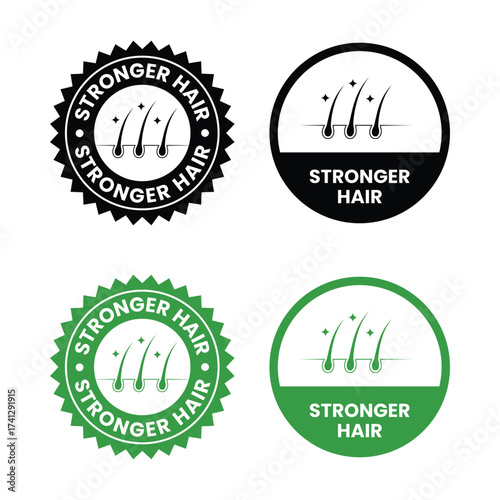 Strong healthy hair line icon set. Stronger hair logo, label, badge, sticker, symbol, emblem, black, circle, line, vector, isolated illustration. Stronger hair label for product packaging design.